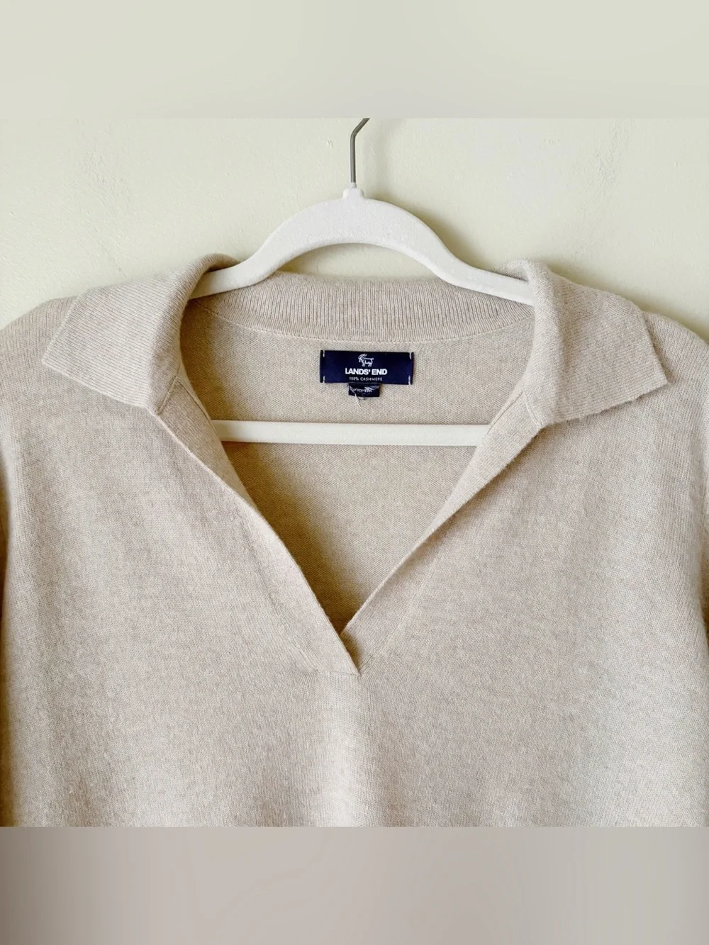 Lands End | 100% Cashmere Pullover Sweater Top Johnny Collar Cream Oatmeal M - Picture 2 of 6